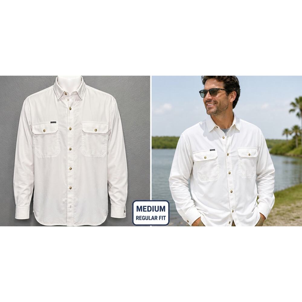 PONCHO Shirt Men’s Medium White Long Sleeve Fishing Stretch Magnetic Pockets